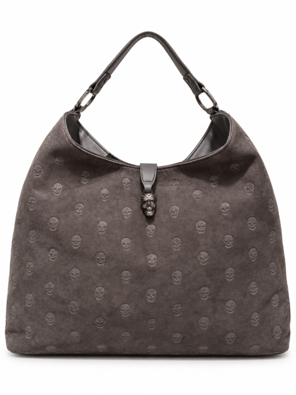 Betsey Johnson Xotelly Skull Hobo Bag Grey Faux Suede Pouch BM30940 NWT